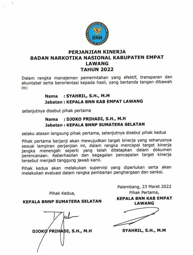 PERJANJIAN KINERJA KEPALA BNNK EMPAT LAWANG TAHUN 2022 PERJANJIAN KINERJA KEPALA BNNK EMPAT LAWANG TAHUN 2022